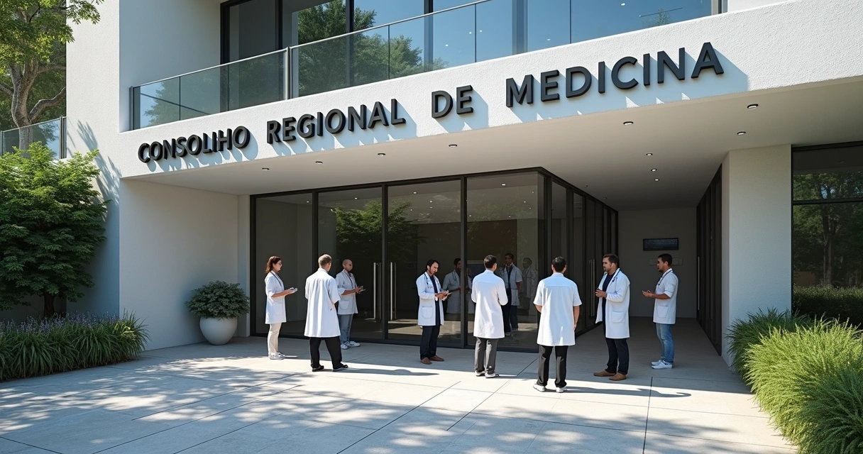 Fachada moderna do Conselho Regional de Medicina com médicos e profissionais da saúde em atendimento formal