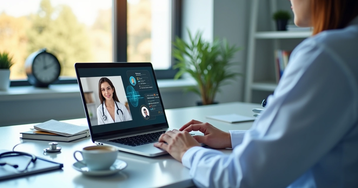Profissional de saúde realizando teleconsulta usando computador com interface de software médico digital