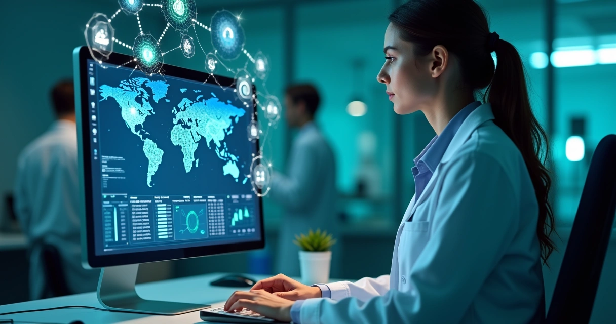 Computador com tela exibindo gráficos médicos e ícones de inteligência artificial em ambiente clínico moderno