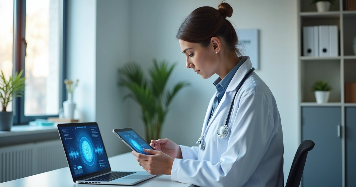 Médico atendendo paciente via plataforma digital com fundo de consultório moderno e computador de tela azul