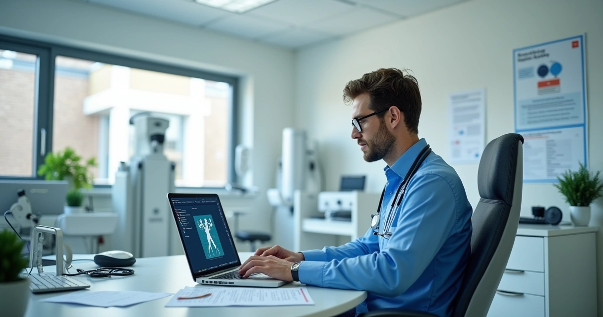 Médico analisando prontuário eletrônico com protocolo de segurança na sala de consulta clínica moderna