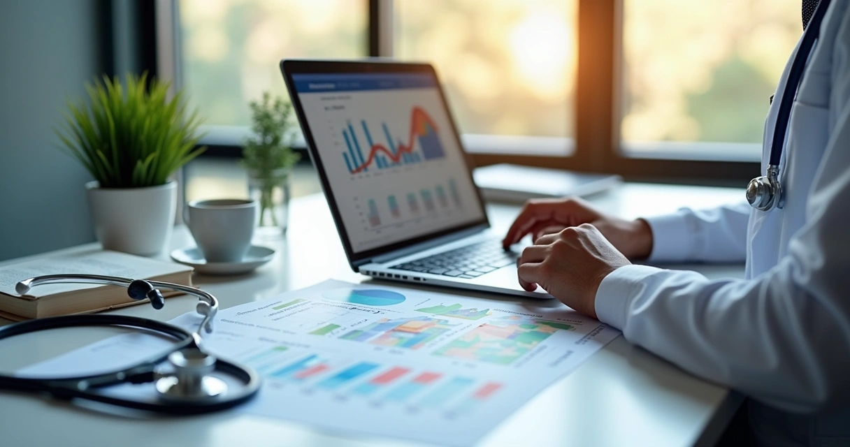 Profissional da saúde analisando gráficos financeiros em escritório moderno com planta e laptop