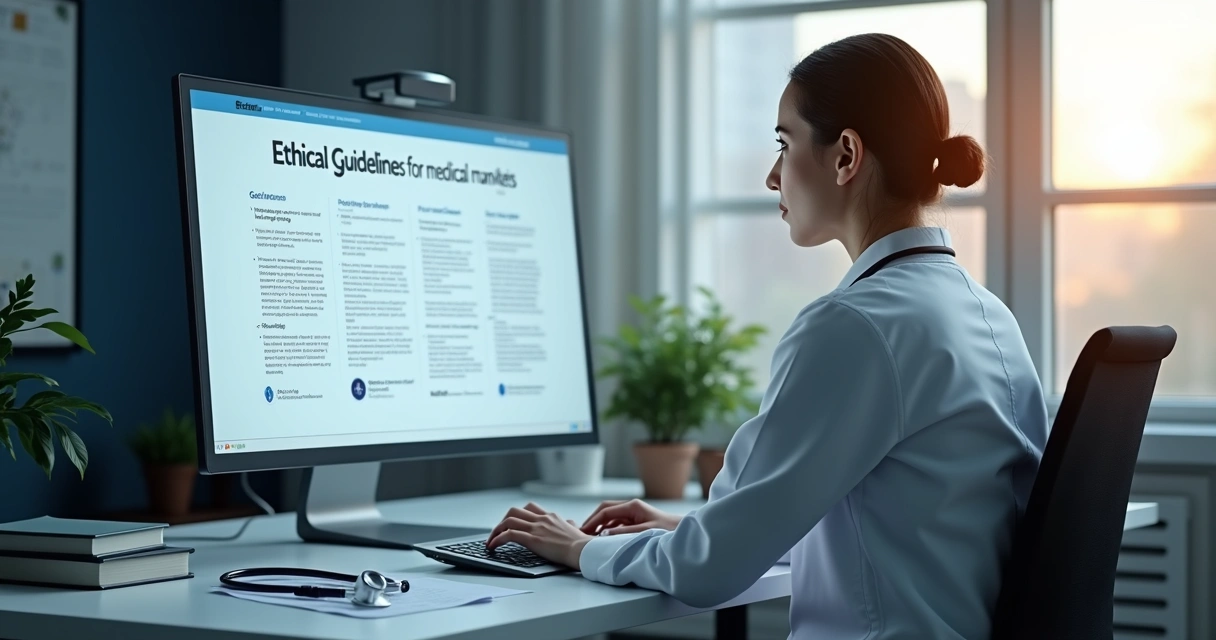 Profissional da saúde analisando diretrizes éticas de marketing médico em tela de computador moderno