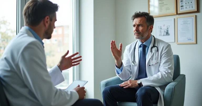 Profissional da saúde ouvindo paciente insatisfeito em consultório médico, ambiente claro e acolhedor