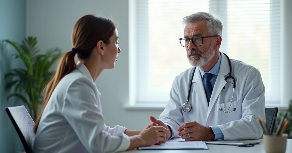 Médico e paciente em consulta detalhada com expressão séria e respeitosa, ambiente clínico iluminado e moderno