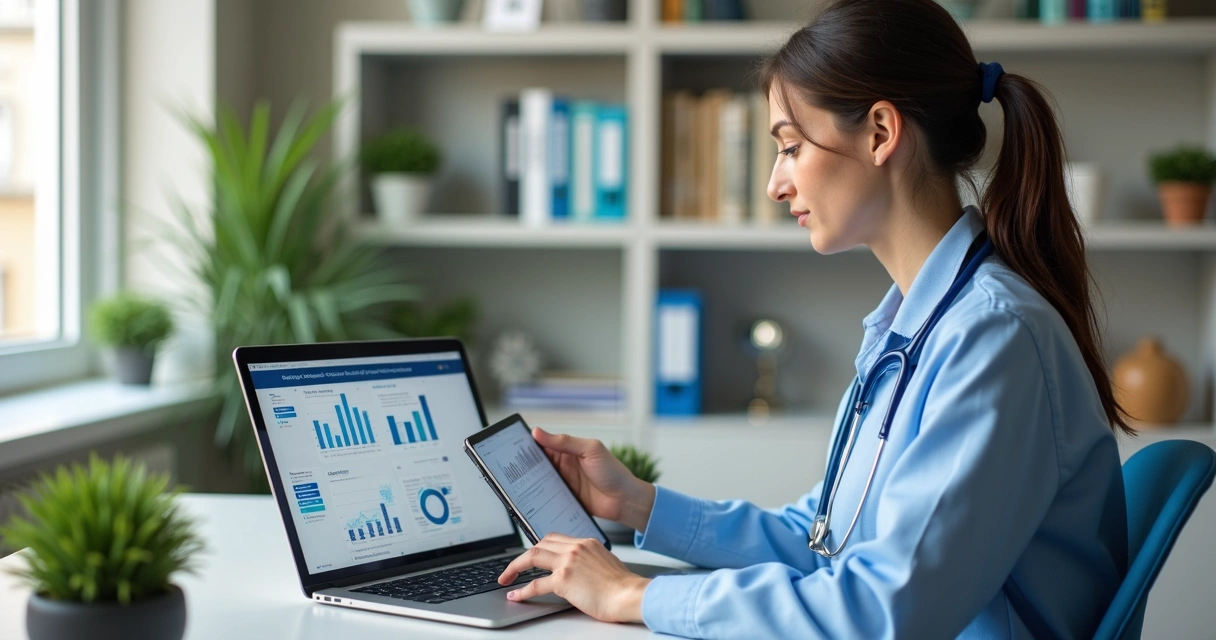 Consultor profissional em saúde planejando estratégias de marketing digital em escritório moderno