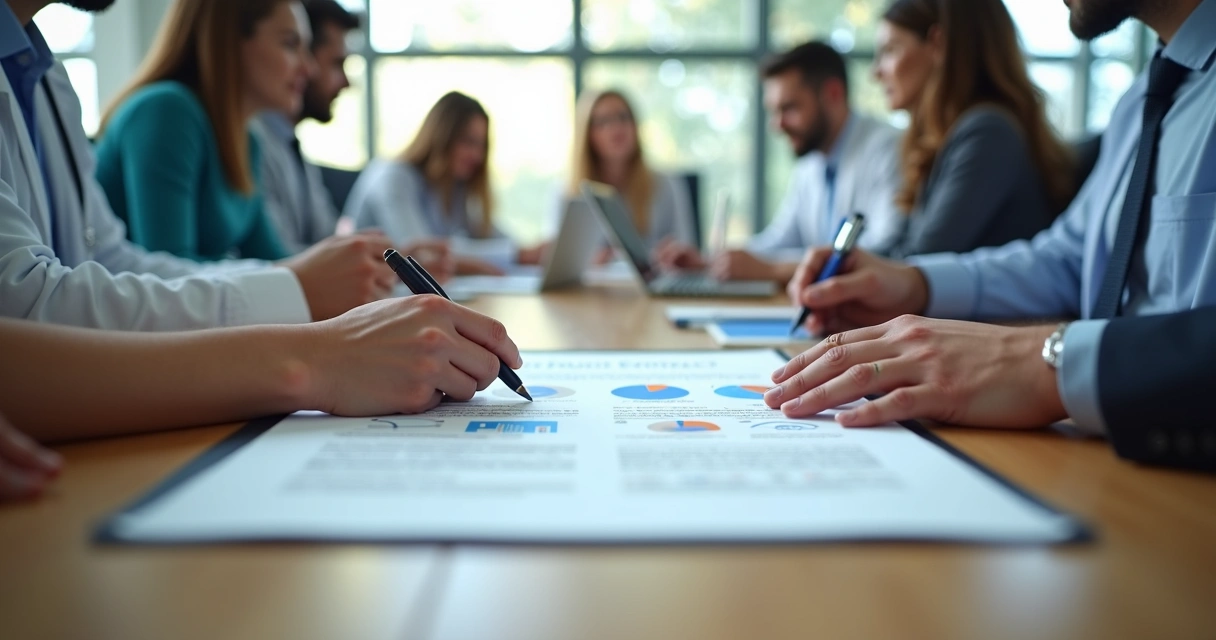Mesa de reunião com profissionais de saúde e advogado revisando contrato de prestação de serviços médicos