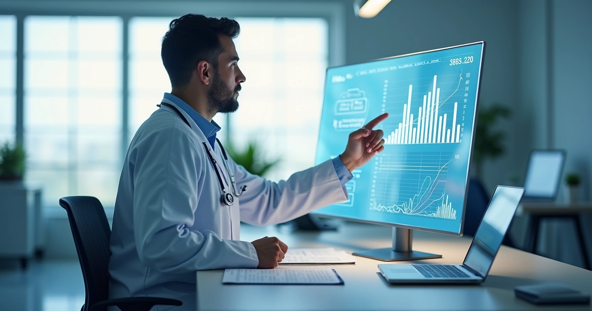 Profissional de saúde analisando gráficos de gestão de riscos em ambiente clínico moderno e iluminado