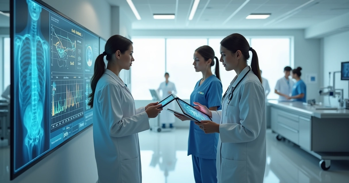 Médicos e enfermeiros usando tablets e computadores com sistemas de IA em um hospital moderno, com telas digitais mostrando exames e dados clínicos