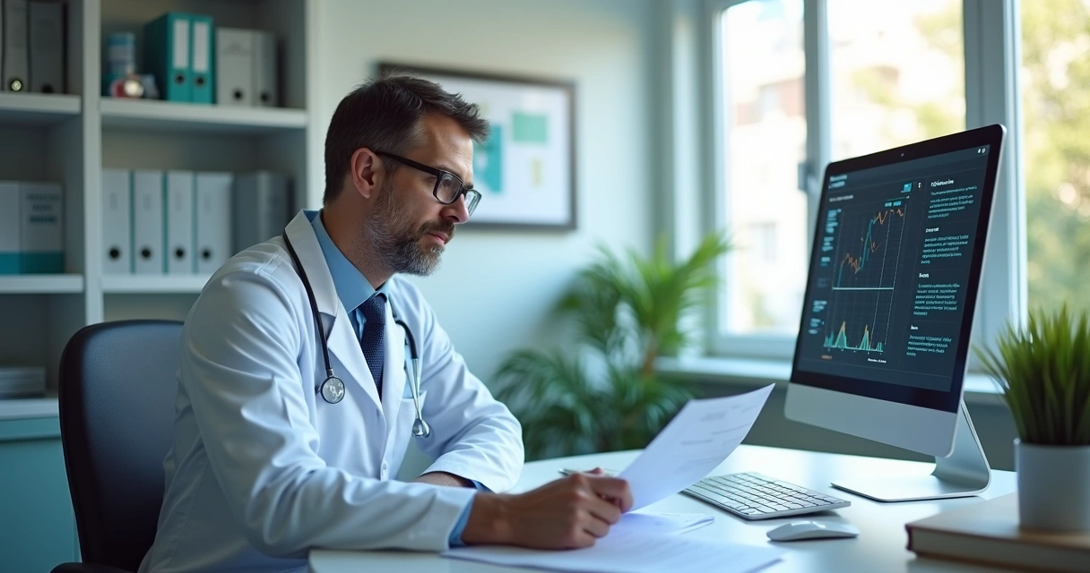 Médico analisando documentos e prontuário em consultório clínico bem iluminado