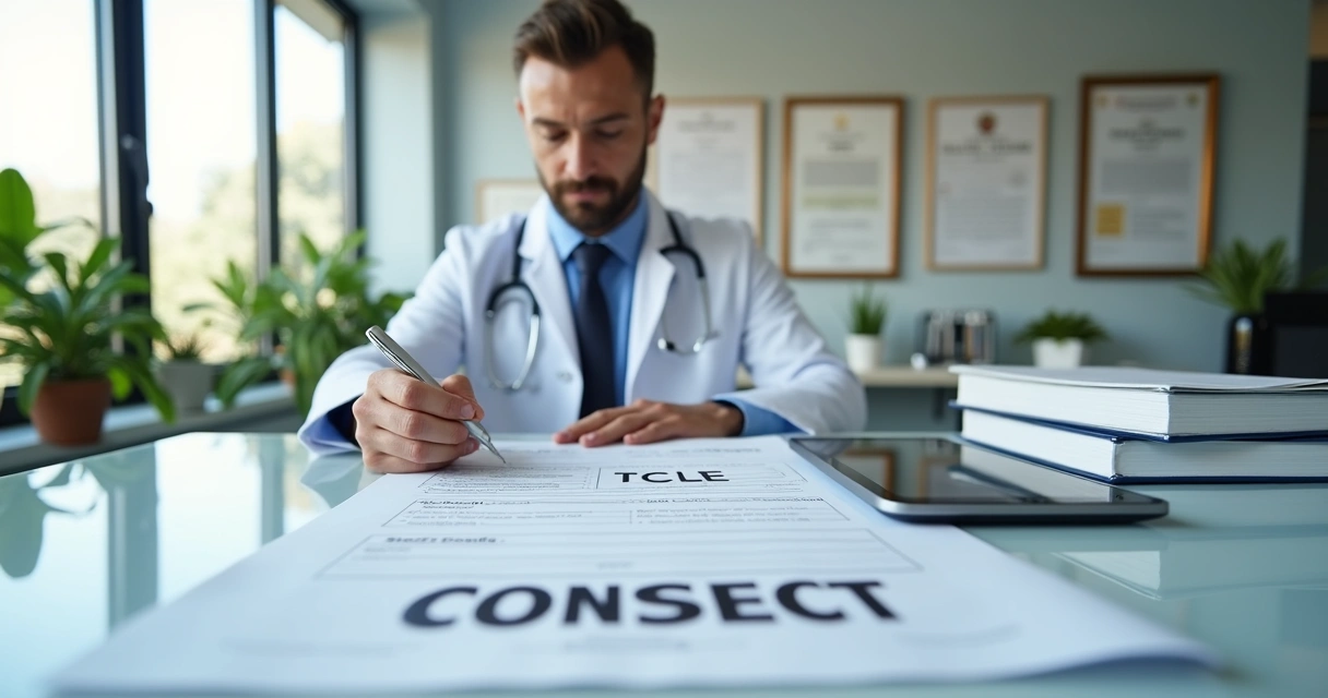 Médico assinando termo de consentimento livre e esclarecido em clínica moderna