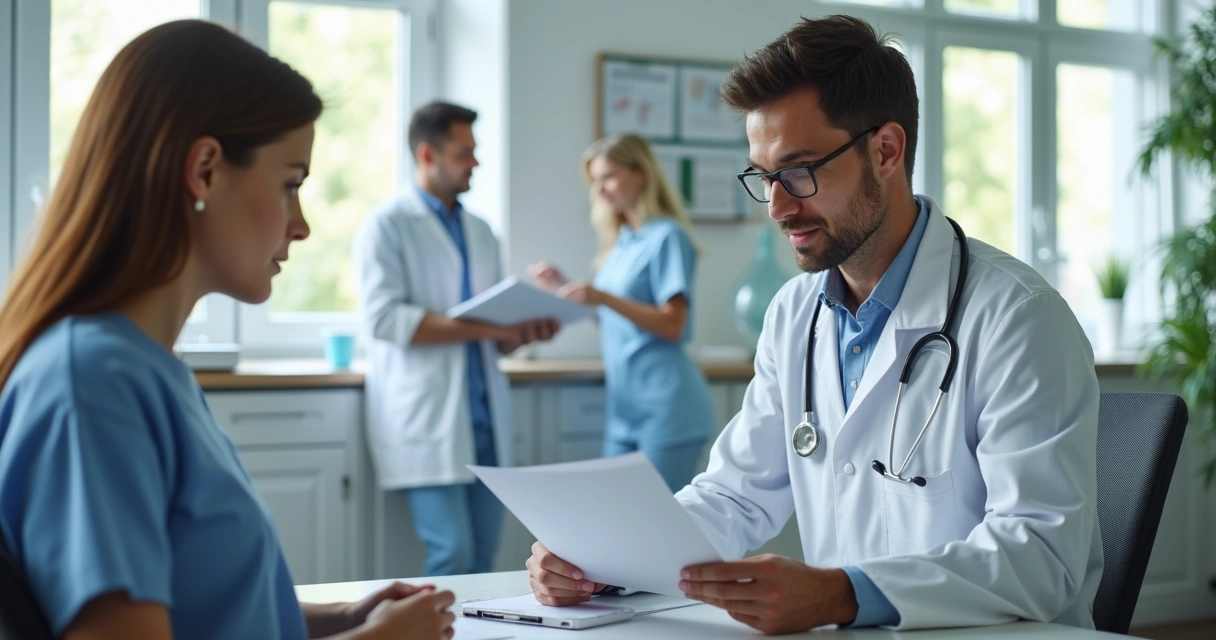 Médico consultando paciente em ambiente clínico com equipe de saúde ao fundo