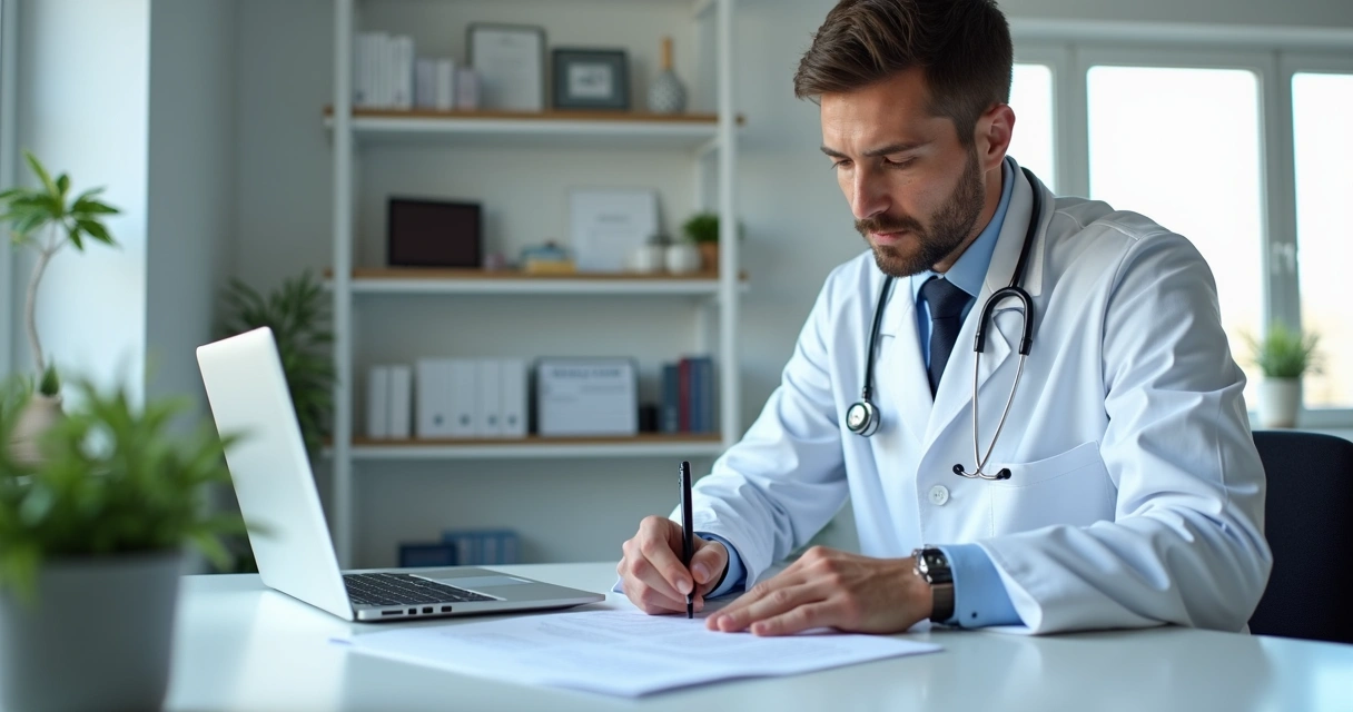 Médico escrevendo detalhadamente em prontuário eletrônico durante atendimento clínico