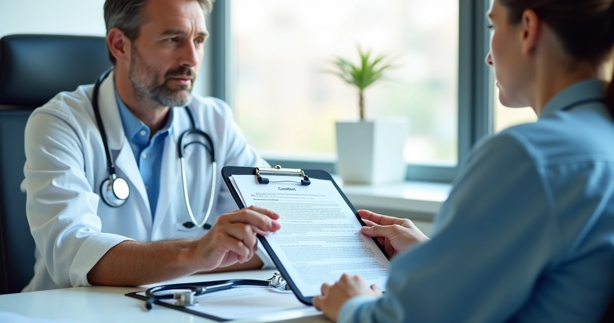 Médico explicando documento de consentimento informado a paciente em consultório branco e iluminado