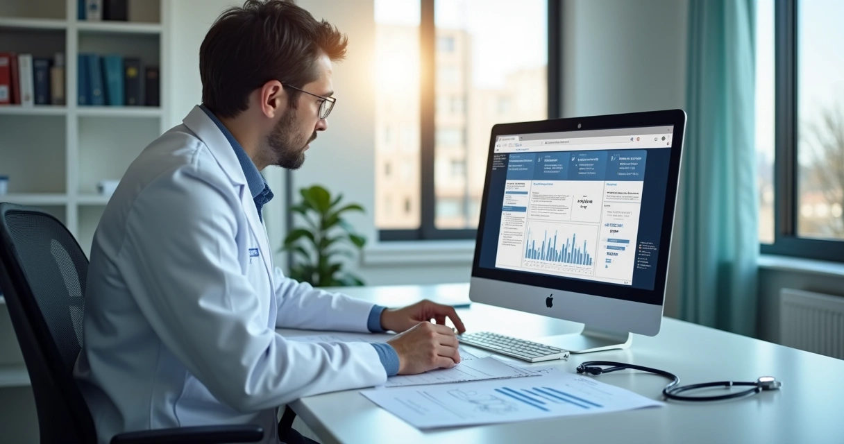 Médico perito analisando documentos médicos em ambiente clínico com computador e laudos