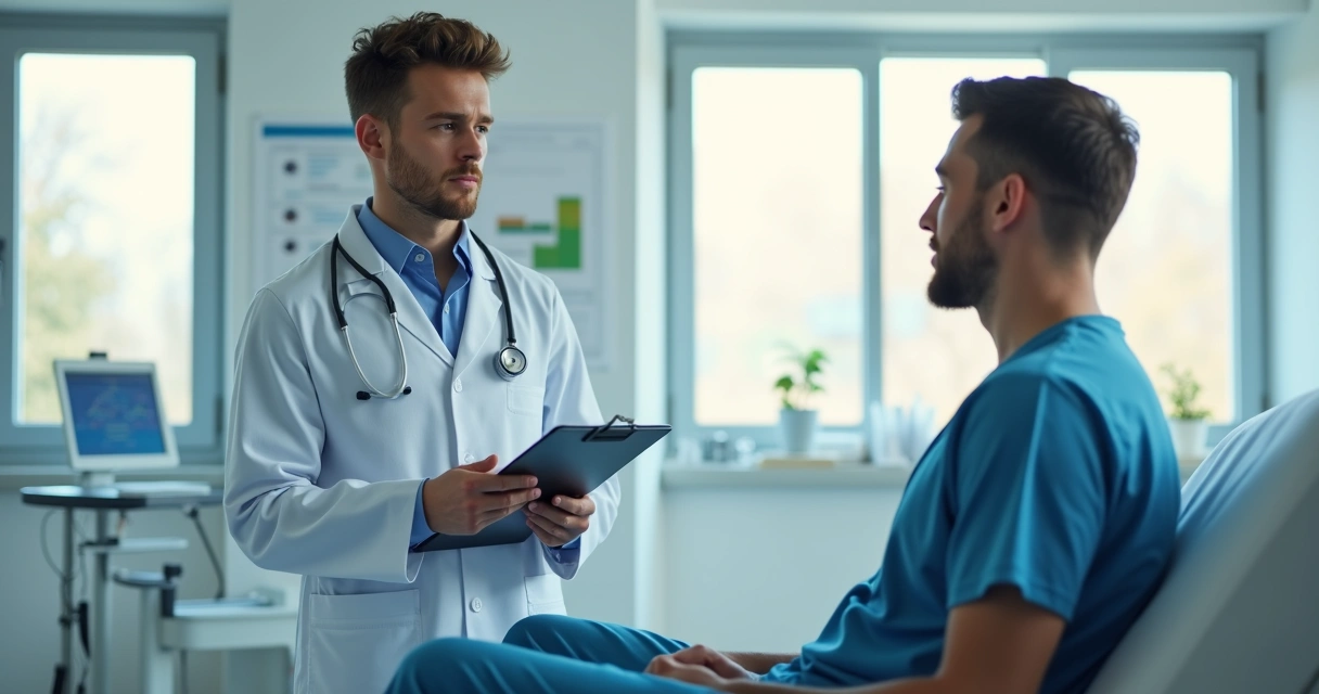 Médico residente consultando paciente em ambiente hospitalar moderno