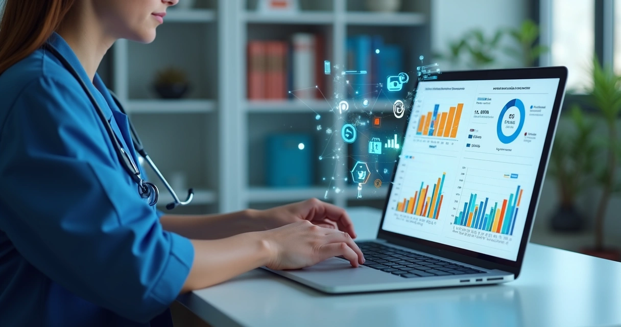 Profissional da saúde usando computador com gráficos de marketing digital na tela