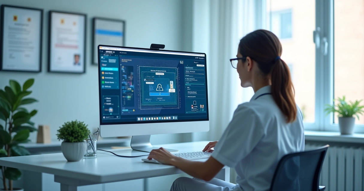 Profissional da saúde usando computador com sistema de prontuário eletrônico em ambiente de consultório moderno