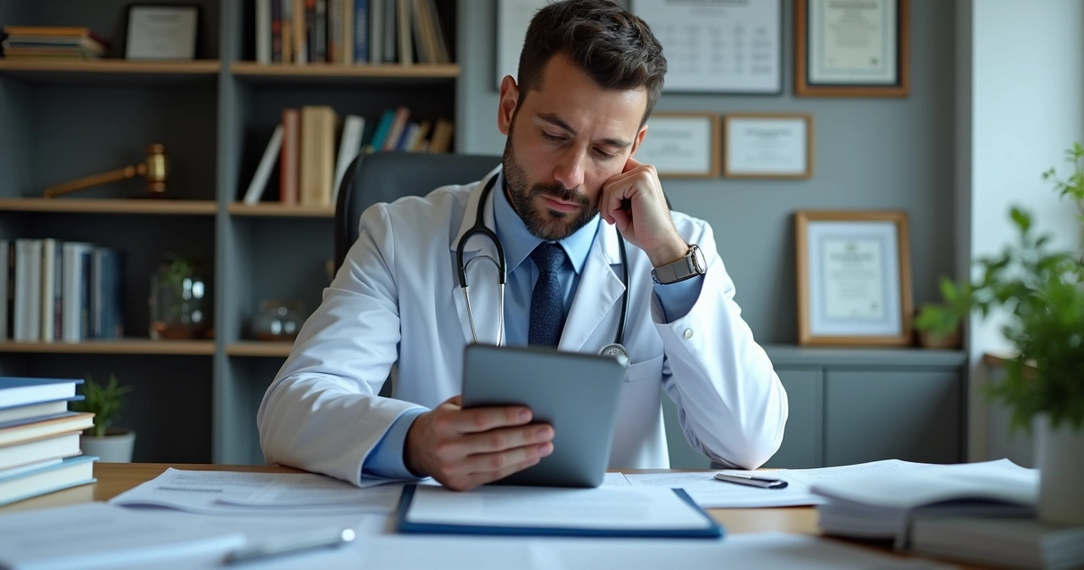 Médico analisando normas éticas para publicidade médica em escritório moderno
