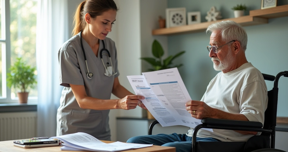Idoso em cadeira de rodas com cuidadora analisando documentos de aposentadoria