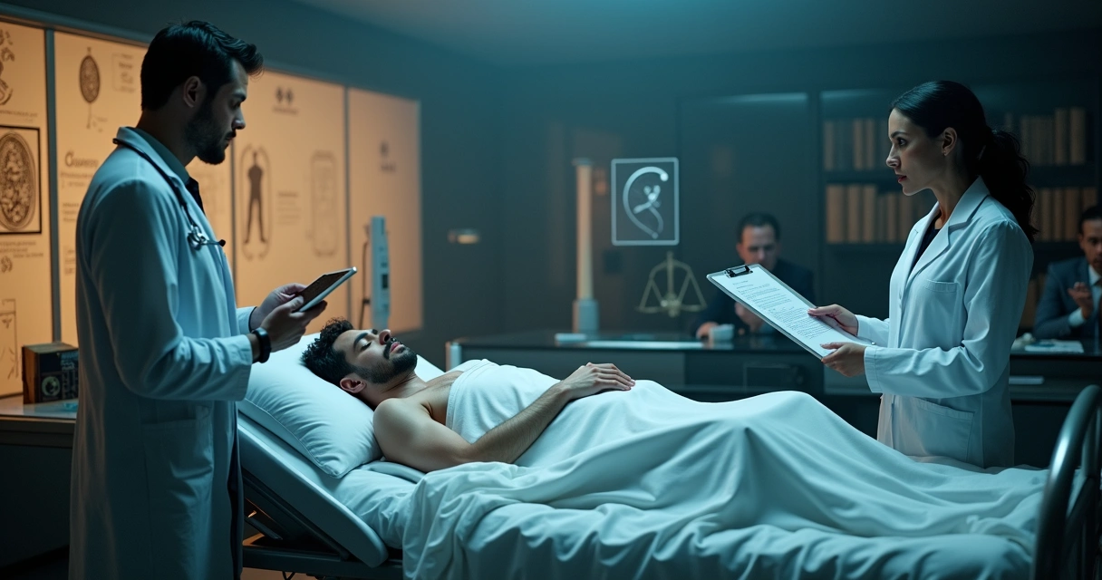 Cena médica inspirada em Frankenstein com paciente vulnerável e equipe discutindo ética e consentimento