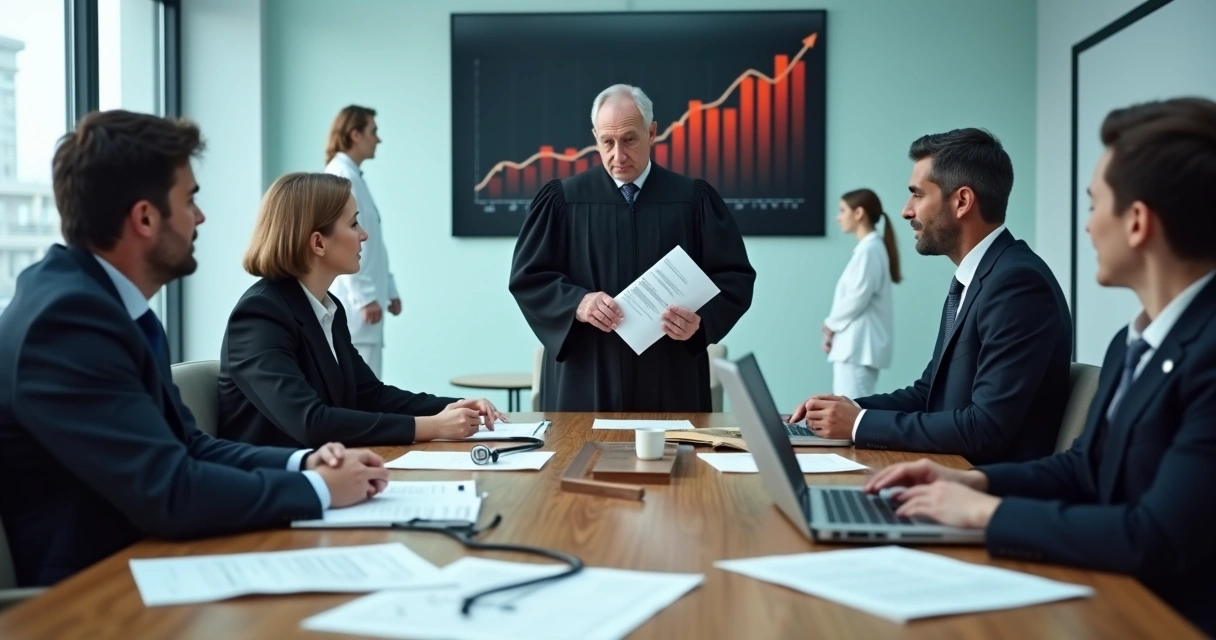 Mesa de reunião com juiz, advogado de hospital e representante de plano de saúde analisando liminar médica e impactos financeiros