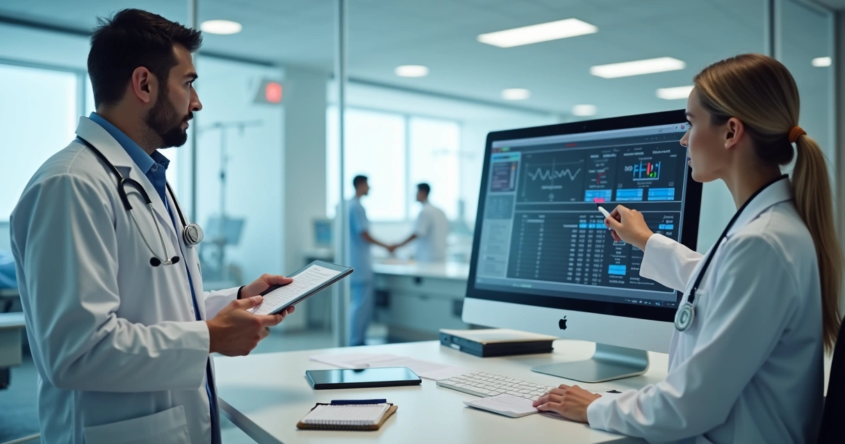 Médicos em passagem de plantão revisando prontuário no setor hospitalar