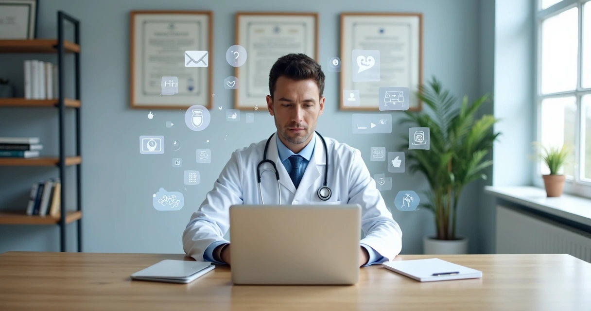 Médico analisando redes sociais em laptop com ícones digitais de mídia e símbolos jurídicos