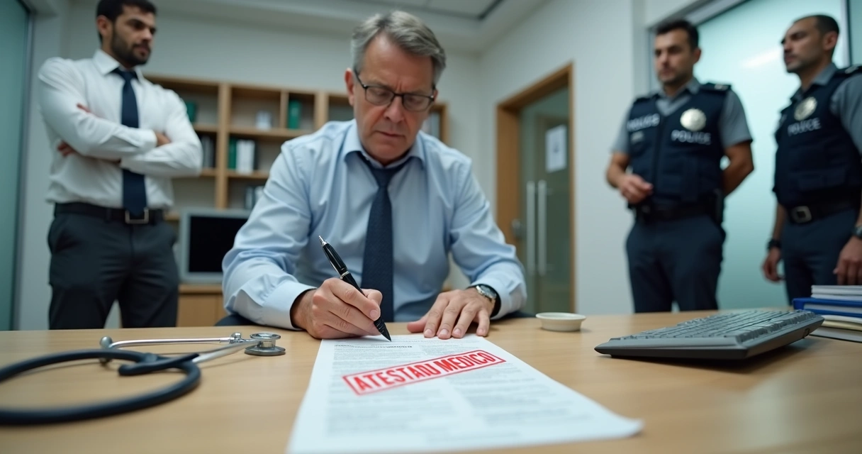 Servidor público em mesa administrativa sendo observado enquanto assina atestado médico sob análise de investigação
