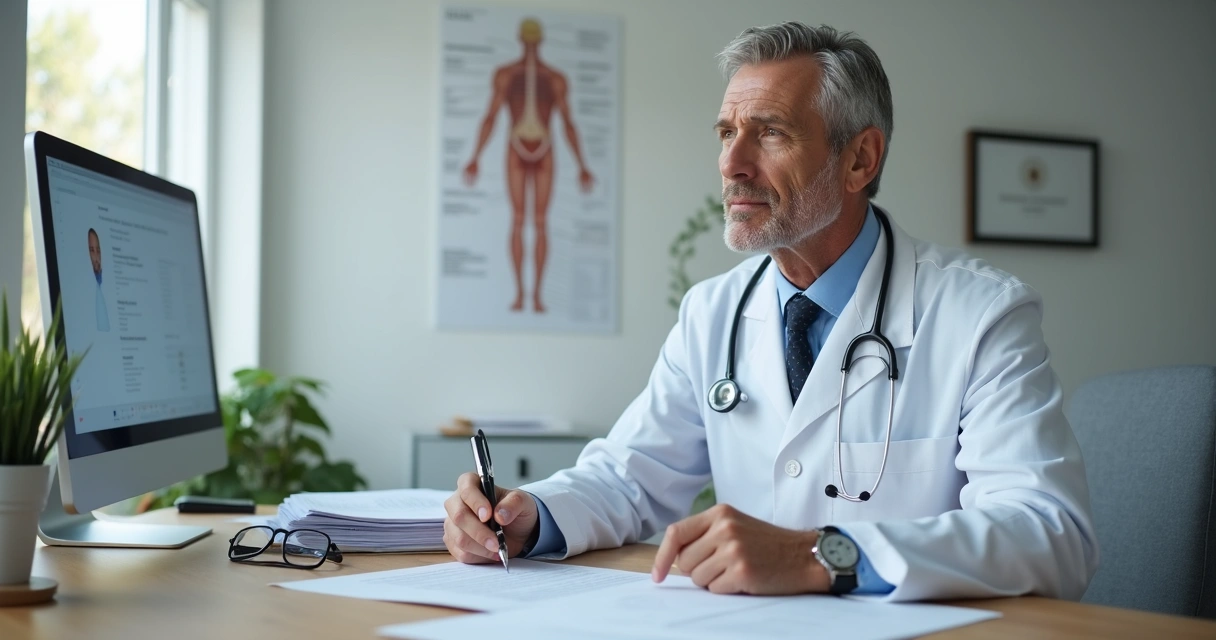 Médico em consultório segurando guia em branco com expressão de dúvida e alerta