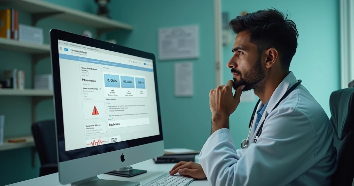 Médico pensativo em frente a tela com cadastro do SUS e alerta jurídico
