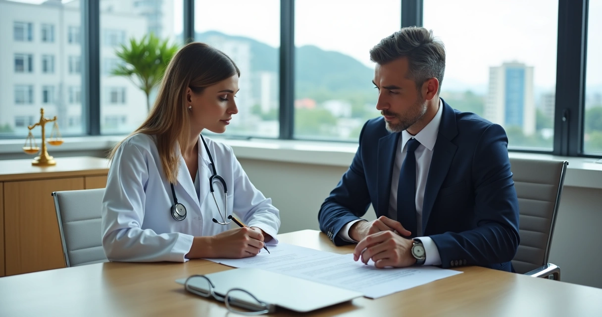 Advogado e médica analisando documentos jurídicos em consultório moderno