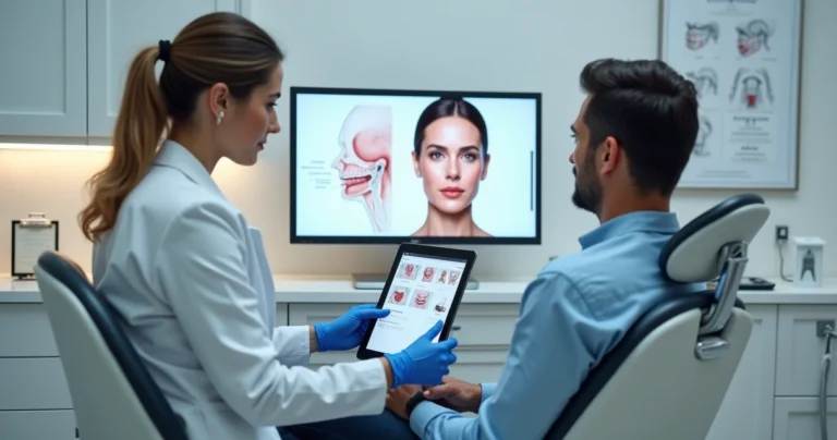 Dentista explica harmonização orofacial e cirurgia estética facial para paciente em consultório moderno
