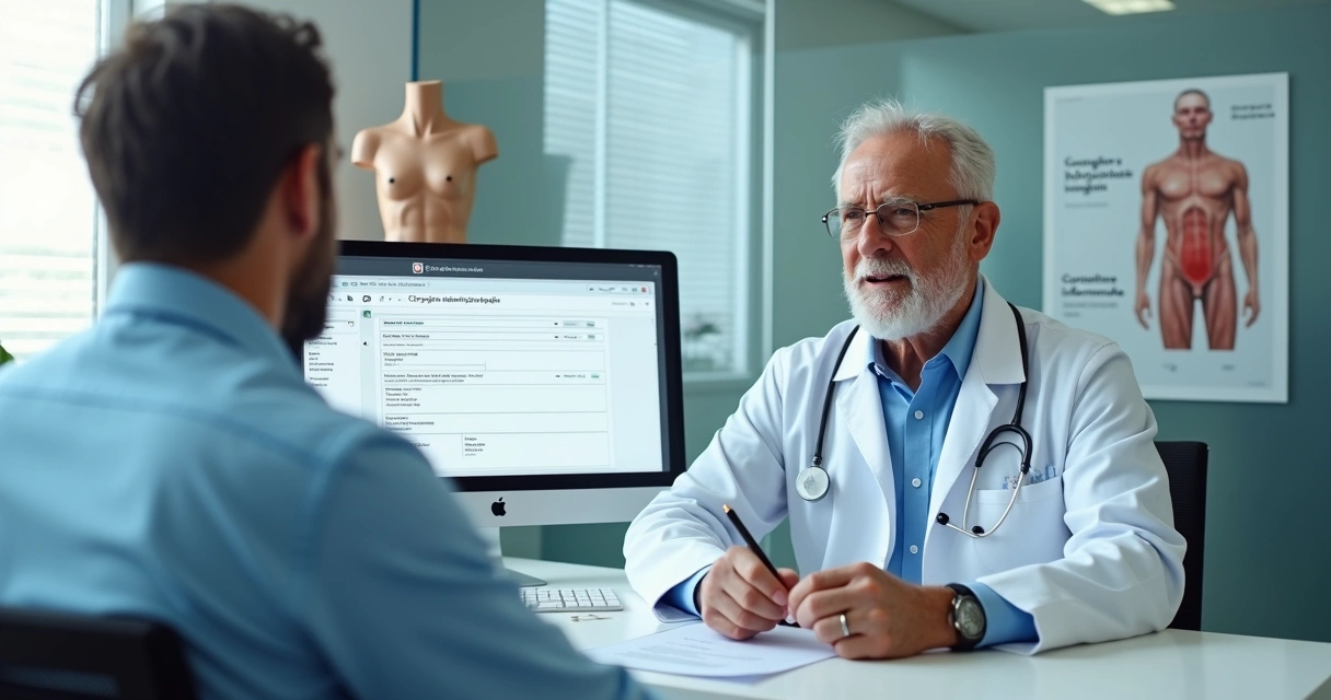 Paciente consulta cirurgiao plastico em consultorio moderno antes de cirurgia