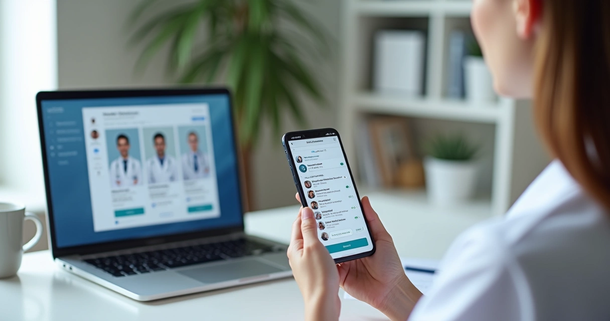 Paciente analisando perfis de médicos em redes sociais no celular com foco em credenciais profissionais