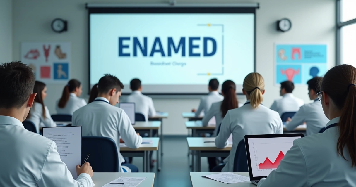 Estudantes de medicina em prova com expressão de preocupação em sala de aula