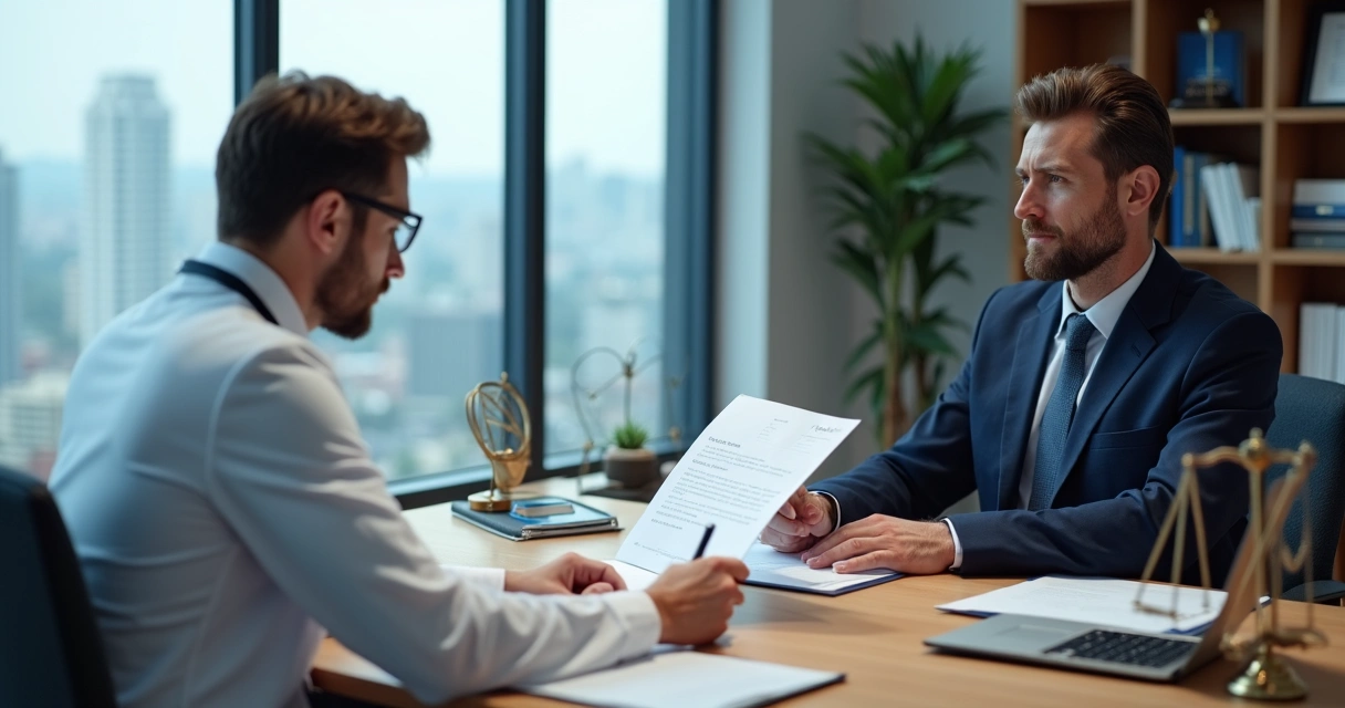 Médico em consultório discutindo processo judicial com advogado