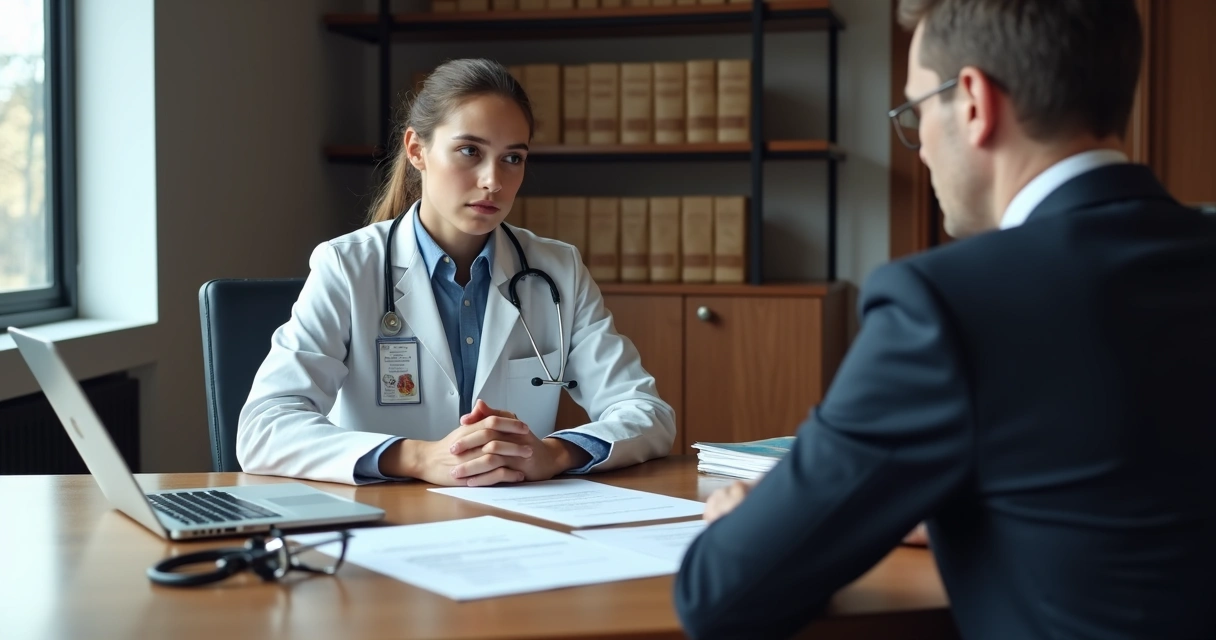 Médico residente de jaleco conversando com advogado em escritório jurídico