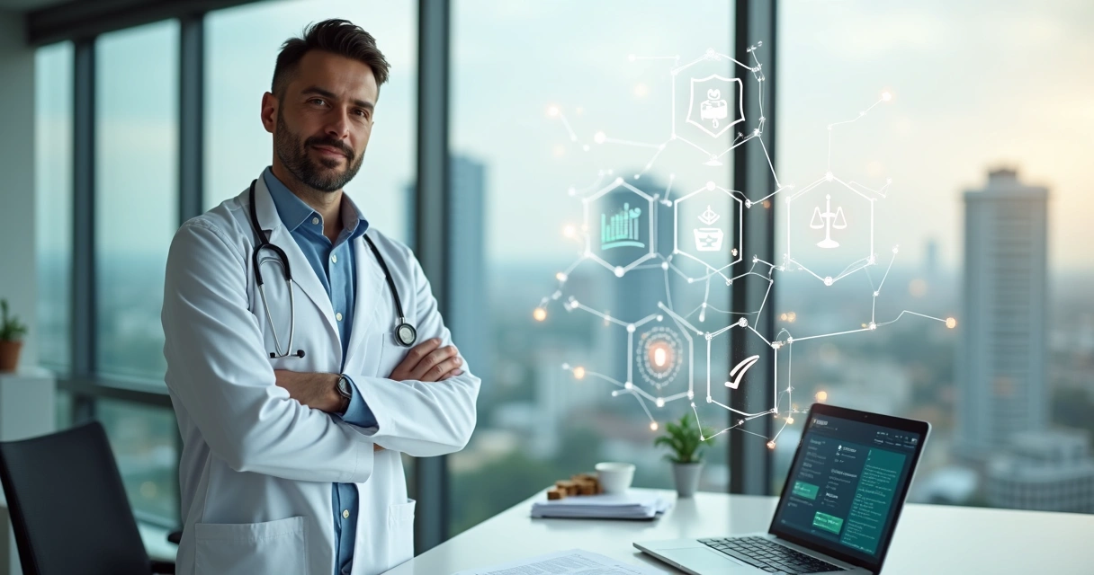 Médico à frente de escritório moderno com ícones de proteção jurídica e seguro profissional