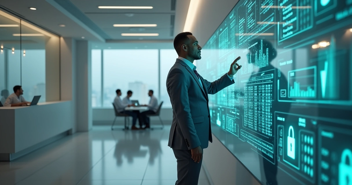 Gestor de clínica médica observando painel digital com prontuários protegidos por ícones de segurança