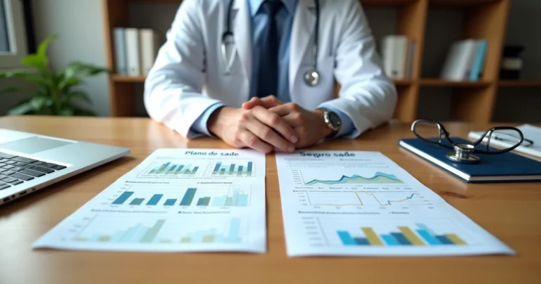 Mesa com médico analisando tabela comparativa entre plano e seguro saúde
