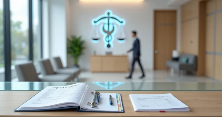 Consultório médico moderno com documentos jurídicos organizados em destaque