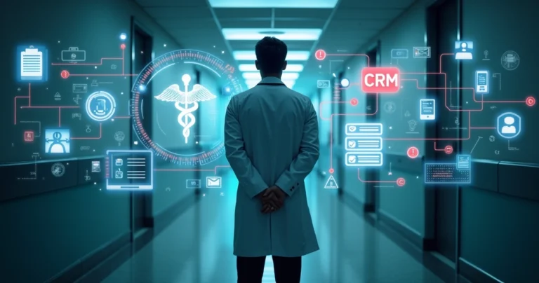 Médico de costas observando grande painel luminoso com símbolos éticos e carimbo de CRM