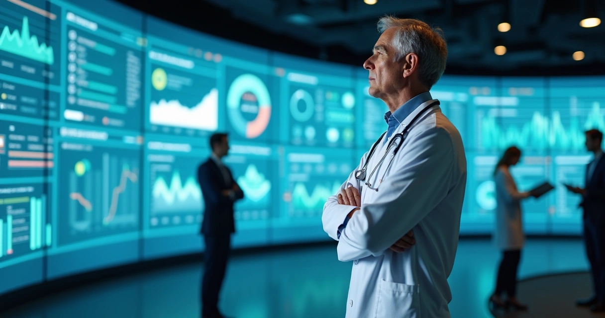 Médico observa painel digital com indicadores de risco em ambiente corporativo de saúde