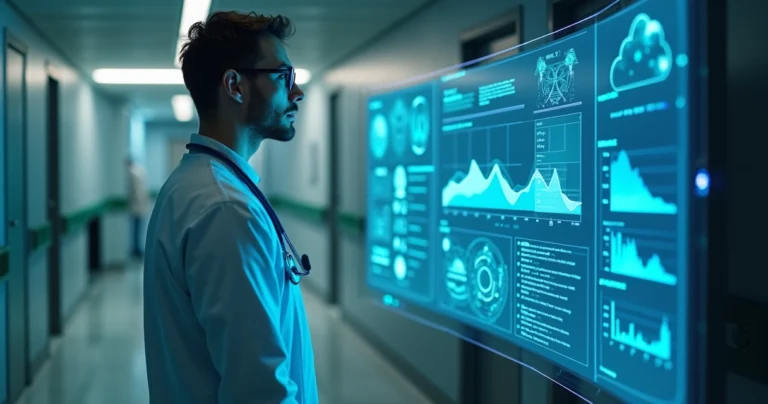 Médico em hospital interagindo com holograma de inteligência artificial