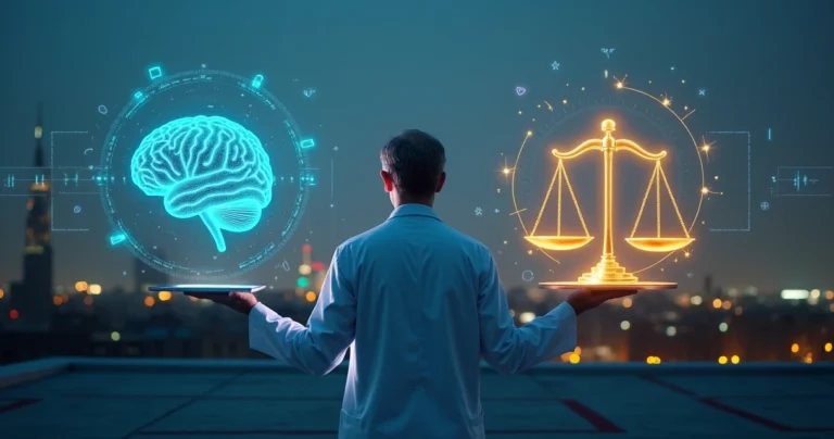 Médico diante de hologramas de IA e símbolo de justiça equilibrando tecnologia e responsabilidade