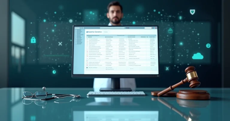 Tela de prontuário médico digital ladeada por martelo de juiz e estetoscópio