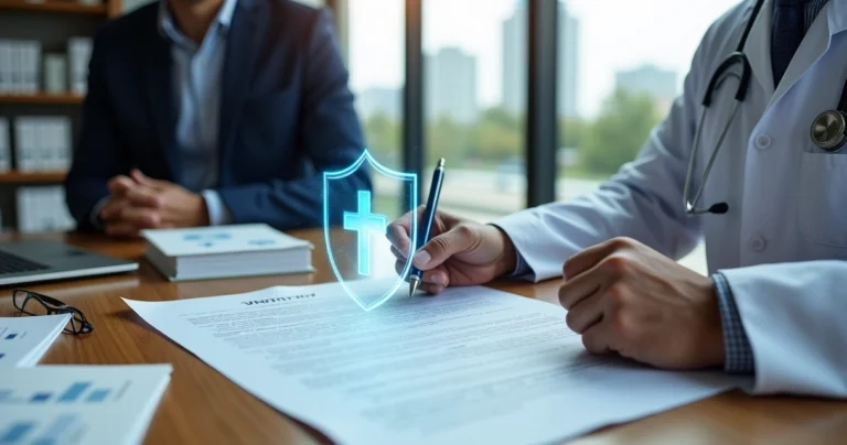 Médico analisa contrato de seguro de responsabilidade civil sobre mesa com símbolo de escudo digital