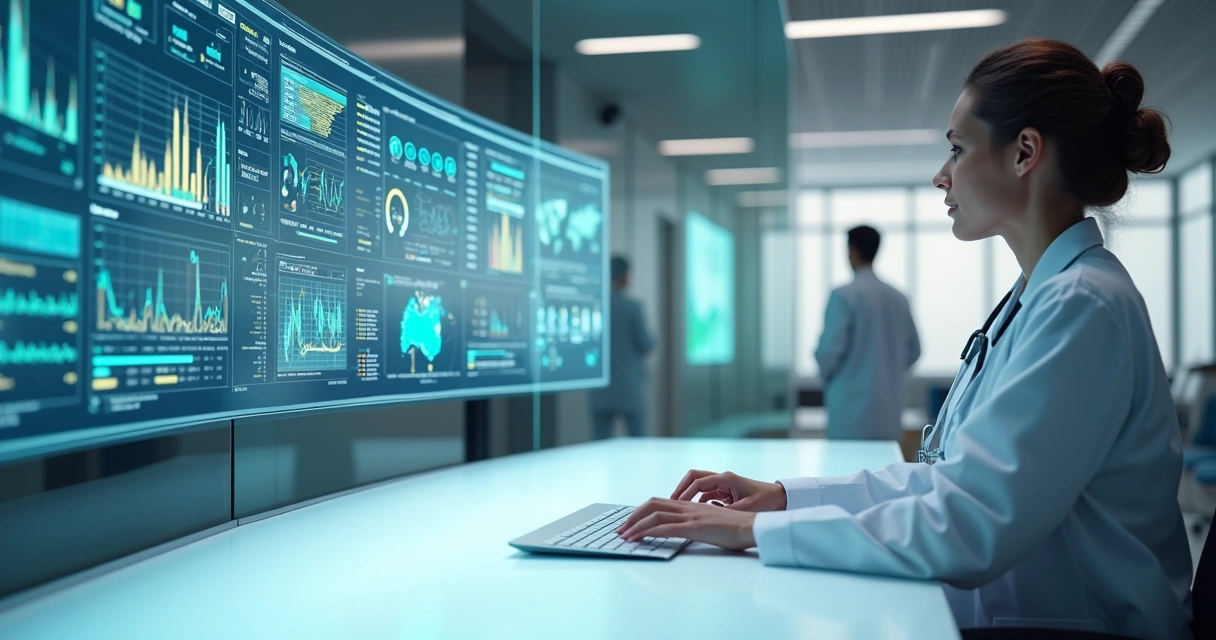 Painel digital de clínica médica com dados e gráficos em destaque