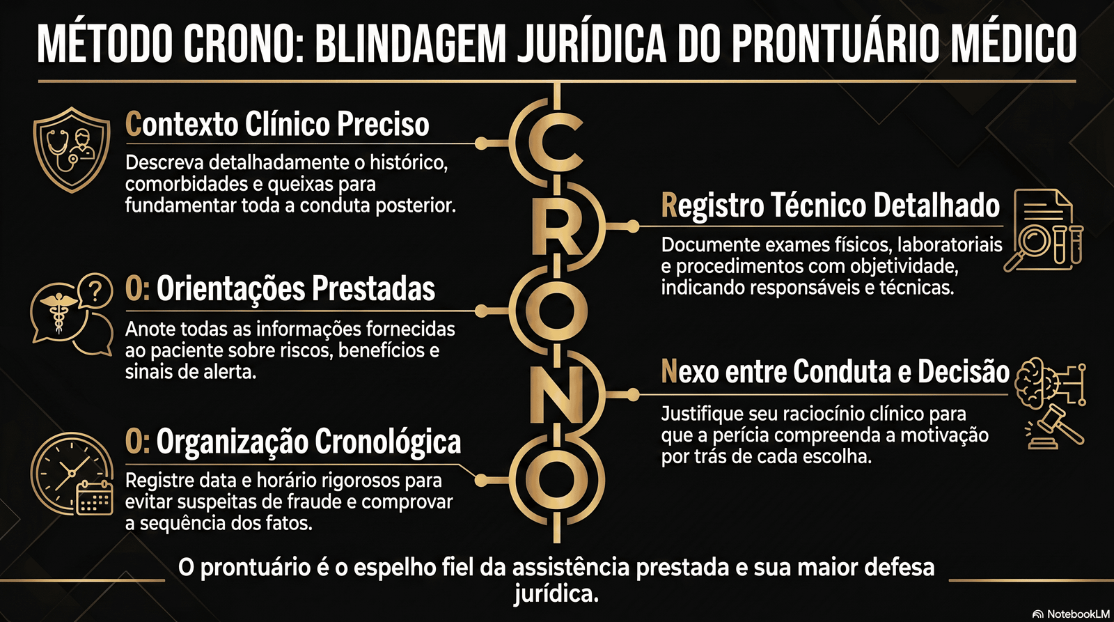 Infográfico do Método CRONO: blindagem jurídica do prontuário médico — contexto clínico, registro técnico, orientações prestadas, nexo entre conduta e decisão e organização cronológica